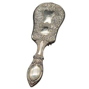 Antique Victorian Silver Plate Hand Mirror & Brush Set Ornate Repousse Design